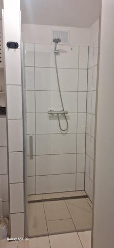 a shower in a bathroom with white tiles at Ferienwohnung am Waldrand 1 in Stary Przybsław