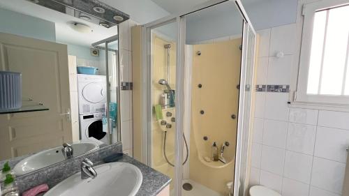 a bathroom with a sink and a shower at Les Ptis Bregeons in Talmont