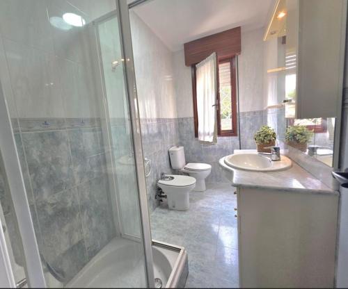 a bathroom with a shower and a toilet and a sink at Apartamento El Hayedo 20808 in Argoños