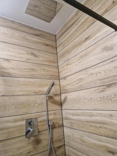 a shower in a bathroom with a wooden wall at Port Bobięcino in Bobięcino