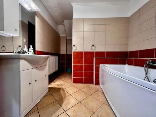 a bathroom with a tub and a sink and red tiles at Kolbászház Apartman in Gyula