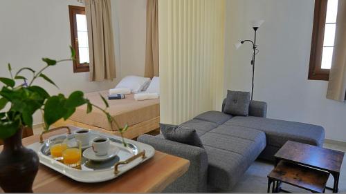 a living room with a couch and a table at Gefyra Studios Filoti Naxos in Filótion