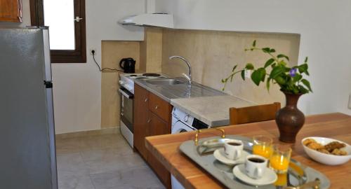 a kitchen with a sink and a table with a plate of food at Gefyra Studios Filoti Naxos in Filótion