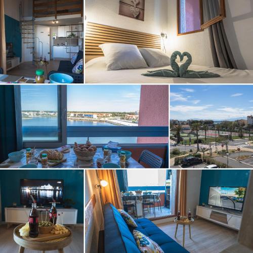 a collage of photos of a hotel room with a view at L'Horizon Bleu - Vue Etang - Parking - Plage à 5 min in Le Barcarès