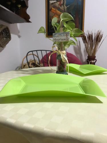 a green table with a plant in a vase on it at B&B Magna Grecia in Crotone
