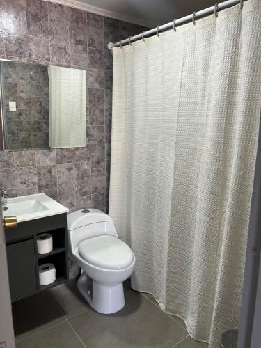 a bathroom with a toilet and a sink and a shower curtain at Hermosa casa en Talca in Talca