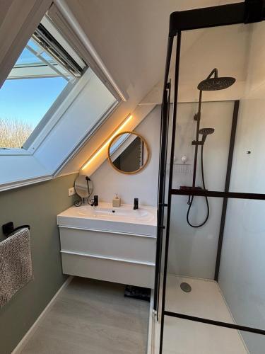 a bathroom with a sink and a mirror and a shower at De Strandloper B&B Oostduinkerke in Koksijde