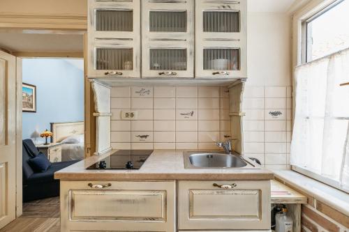 a kitchen with a sink and a counter top at Apartments Leo in Kotor