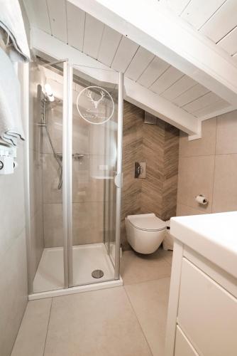 a bathroom with a shower and a toilet at Landhotel Villa Foresta Braunlage in Braunlage