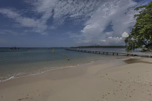 a sandy beach with a pier in the water at Oceanview 3br condo w spa & gym u603 in Barú