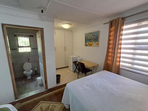 a bedroom with a bed and a desk and a toilet at Emakhaya B&B in Mthatha