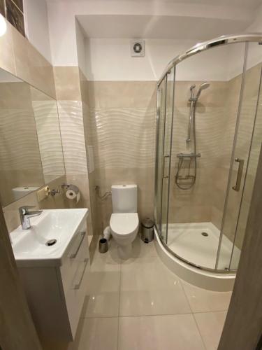 a bathroom with a shower and a toilet and a sink at Apartament DeLux WHITE Konin in Konin