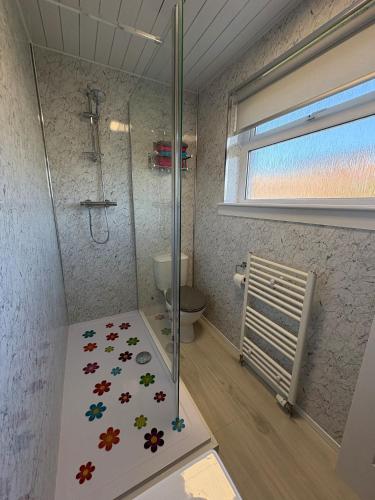 a bathroom with a shower with a glass door at Stillrovin Cottage in Stirling