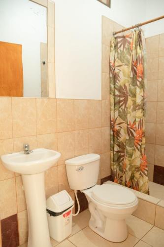 a bathroom with a toilet sink and a shower curtain at Dylan Beach in Zorritos