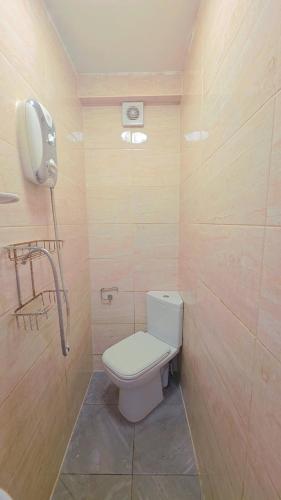 a small bathroom with a toilet and a shower at Meadow room in Slough