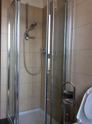 a shower with a glass door in a bathroom at Magellano Room in Verona