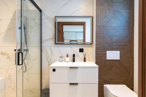 a bathroom with a white sink and a mirror at Villa belle rive RdC 3 chambres in Sévrier