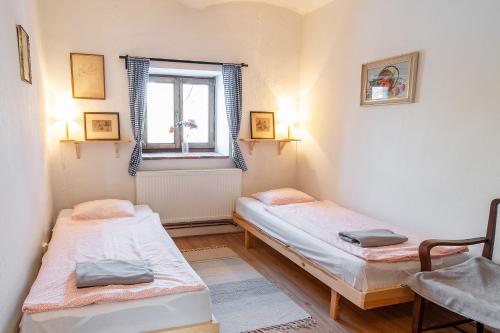 two twin beds in a room with a window at Apartmán U babičky in Strakonice