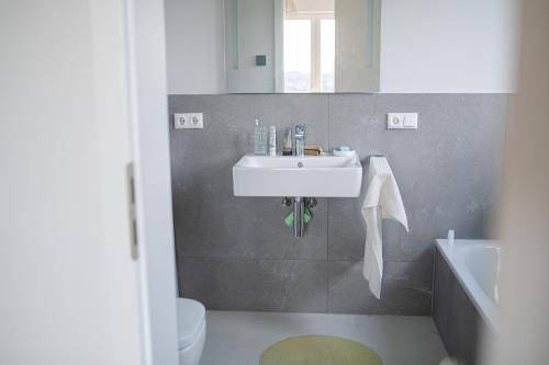 a bathroom with a sink and a toilet at HeartArt 2 in Bad Münstereifel