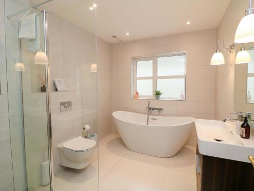 a bathroom with a tub and a toilet and a sink at Sunnyside in Riverchapel