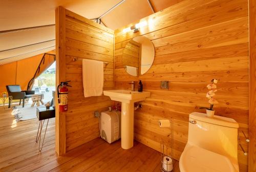 a bathroom with a wooden wall with a toilet and a sink at Naturluxe & Stars in Watkins Glen