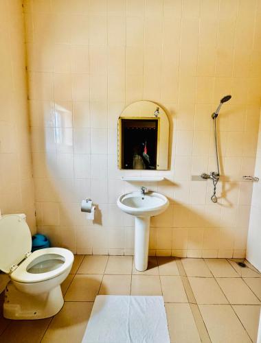 a bathroom with a toilet and a sink and a mirror at Hotel Chez Fanny in Palimé