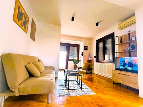 a living room with a couch and a flat screen tv at Hera Sweet Apartment in Niš