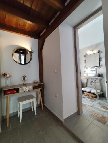 a room with a desk and a mirror at Blue house II in Palekastron