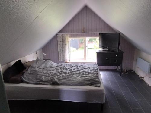 a bedroom with a bed and a tv in a attic at Small House ærø in Marstal