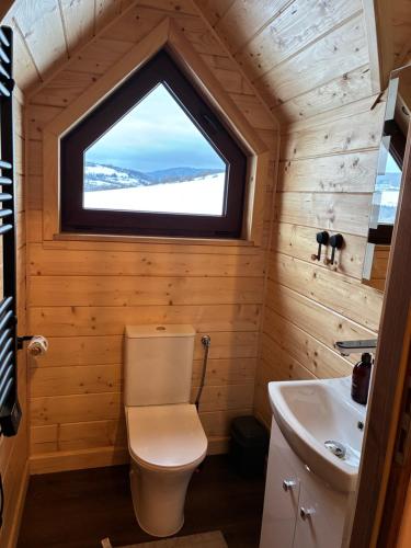 a small bathroom with a toilet and a window at Domek Pod-Górski in Baligród