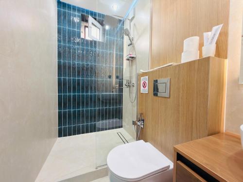 a bathroom with a shower with a toilet and a sink at Ulli Oy Boutique & Terrace in Khiva