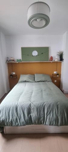 a bedroom with a bed with a green comforter at HuesPet&You in Sanlúcar de Guadiana