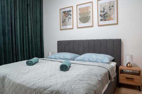 a bedroom with a bed with blue pillows on it at Pod Hajom 101 in Liptovský Mikuláš