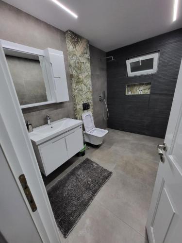 a bathroom with a white sink and a toilet at Krasaqua in Pogradec