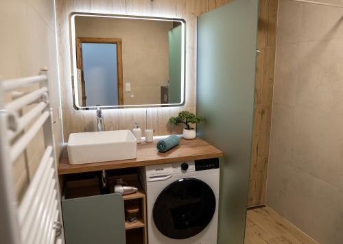 a bathroom with a sink and a washing machine at Pod Hajom 101 in Liptovský Mikuláš