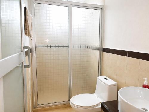 a bathroom with a shower and a toilet and a sink at Departamento Harmony Xalapa in Xalapa