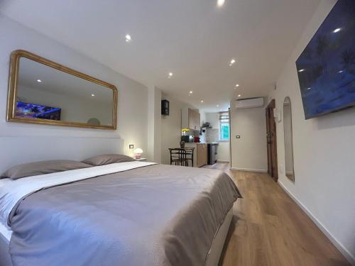 a bedroom with a large bed and a mirror at Putti giocosi in Genoa