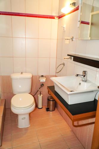 a bathroom with a toilet and a sink at Myrtus House in Kato Loutraki