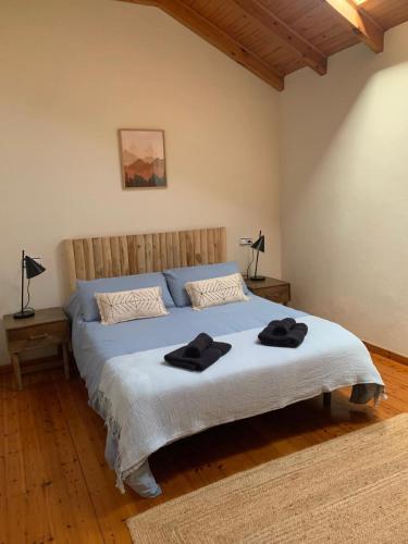 a bedroom with a bed with two towels on it at Escuelas de collía A AT-1537-AS in Arriondas