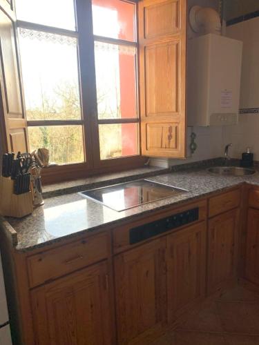 a kitchen with wooden cabinets and a sink and a window at Escuelas de collía A AT-1537-AS in Arriondas