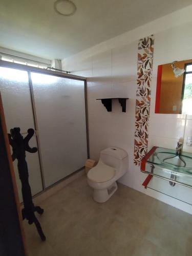 a bathroom with a toilet and a glass sink at Finca el Amanecer - 30P - Pool in Quimbaya