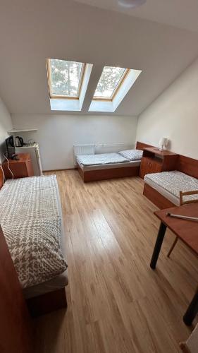 a room with two beds in a room with skylights at Penzión Lindava in Budmerice