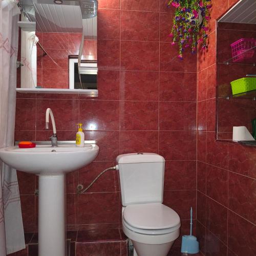 a red tiled bathroom with a toilet and a sink at Guesthouse - Happy house in Kutaisi in Kutaisi