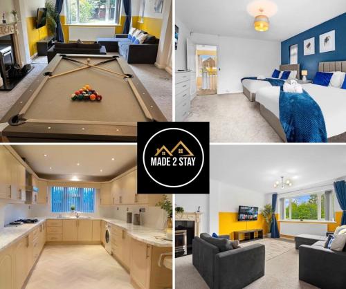 a collage of photos of a room with a pool table at Solihull 5 Bed Home near NEC/Bham airport/JLR/HS2 in Solihull