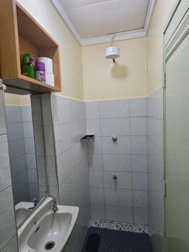 a small bathroom with a shower and a sink at Favoured Brink in Nairobi