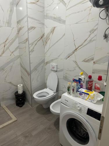 a bathroom with a toilet and a washing machine at Azure Pine Apartament in Golem