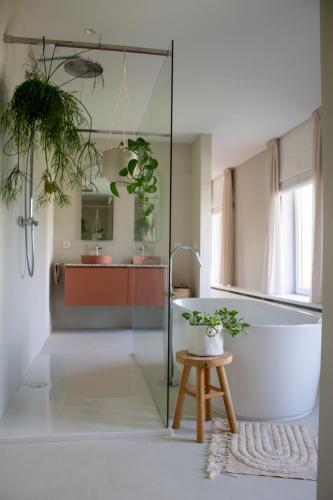 a bathroom with a tub and a table with plants at B&B De Rooman in Sint-Gillis-Waas