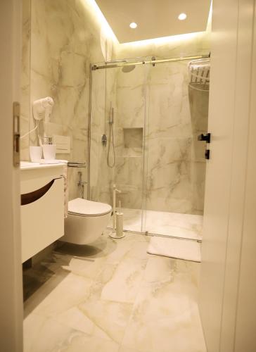 a bathroom with a toilet and a glass shower at Theatro Hotel Apartaments Tirana in Tirana
