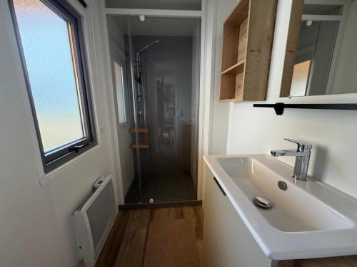 ein Badezimmer mit Waschbecken und Dusche in der Unterkunft La Cabane in Claouey