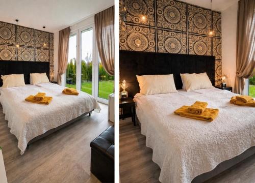 two pictures of a bedroom with a bed with towels on it at MMA Apartament with Private Garden & Terrace in Klaipėda